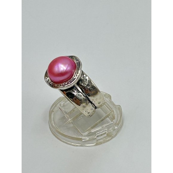 Didae Israel Sterling Silver Dyed Pink Pearl Ring Size 5 925 Hammered Design - Picture 3 of 9